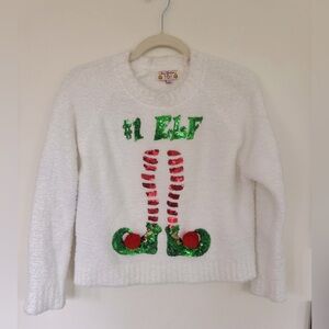 Merry Christmas by Poof! Cropped White Eyelash Sweater #1 Elf Red Green Size S